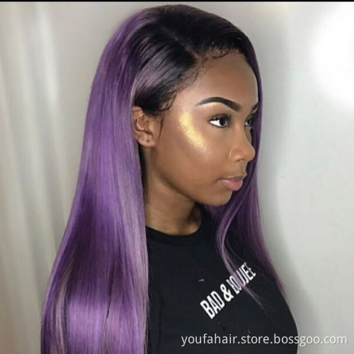 180% Density Virgin Natural Straight 14-26 Inch Brazilian Remy Ombre 1B Purple 4x4 Lace Closure Human Hair Wigs for Black Women